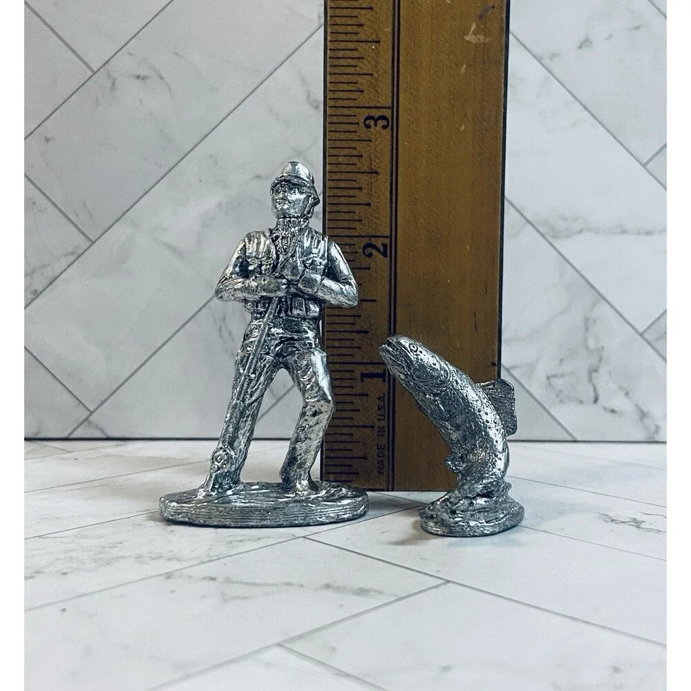 Vintage Metzke Pewter Fly Fisherman & Trout Figurine Set